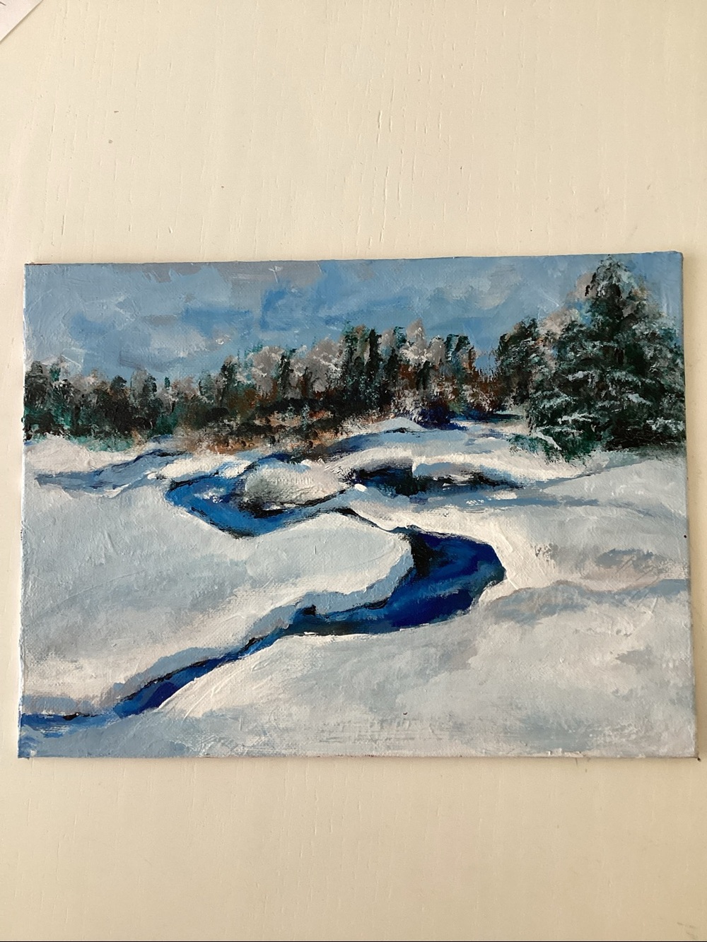 Original Painting Blue Winter Stream Landscape